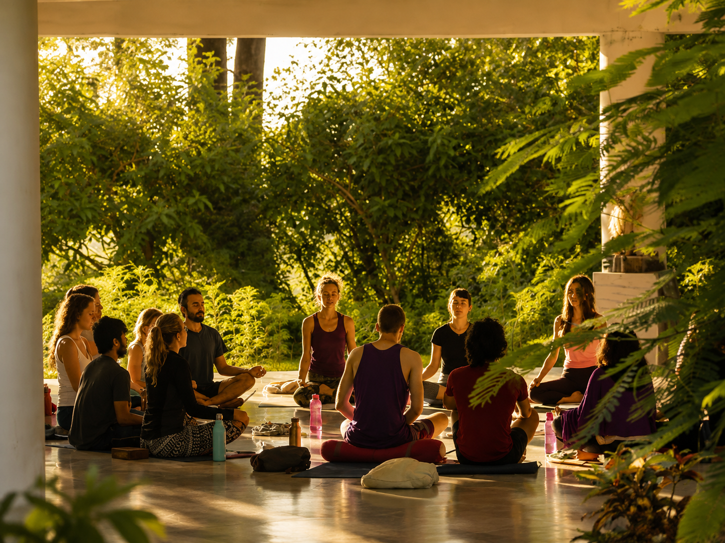 Yoga students practising together in a peaceful Rishikesh setting